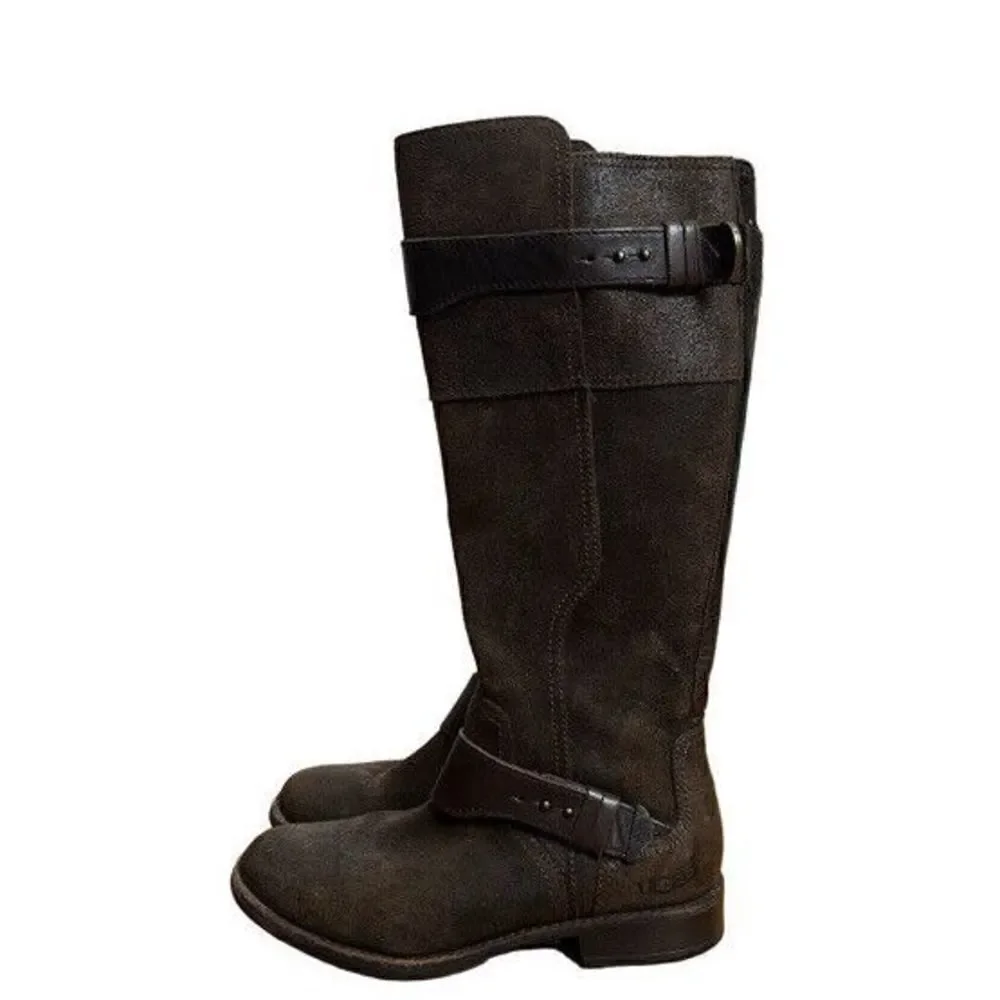 UGG Australia Boots Size 7 Dayle Lodge Brown Oiled Leather Tall Zip Riding